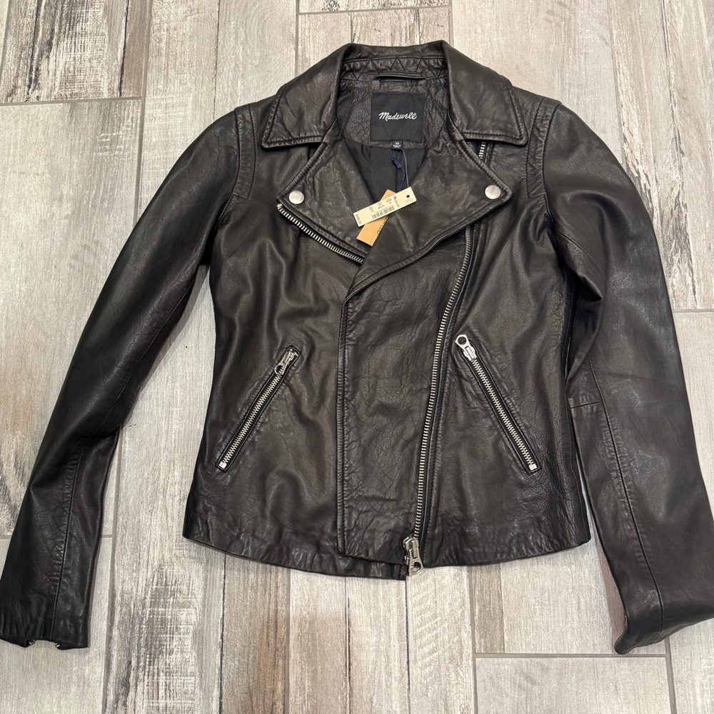 Madewell The Washed Leather Motorcycle Jacket in true black buttery soft XS NEW